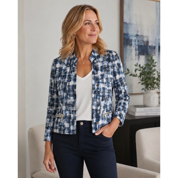 St. John Jackets & Blazers - St John Women Blue Black White‎ Geometric Print Open Front Jacket Size 10 Casual